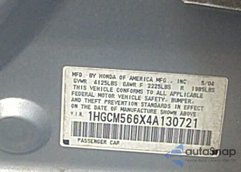 2004 Honda Accord 2.4 Ex из США, поврежденный, VIN 1HGCM566X4A130721